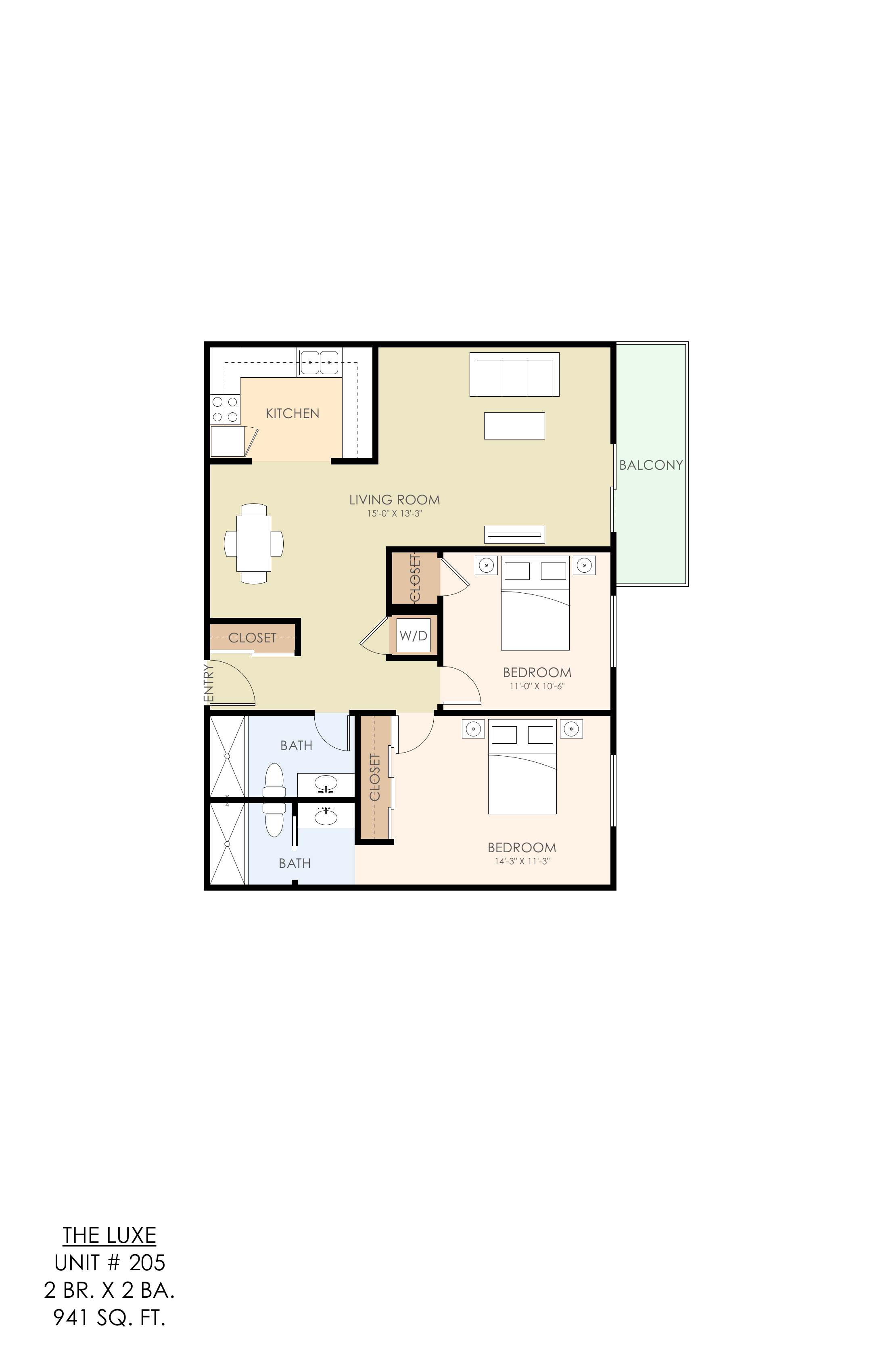 Floor plan for 2 beds, 2 baths, 941 sqft